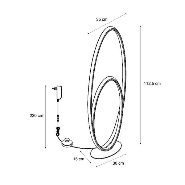 Maßzeichnung einer ovalen Stehleuchte: Höhe 112,5 Zentimeter, Breite 35 Zentimeter, Fuß 30 mal 15 Zentimeter, Kabellänge 220 Zentimeter.