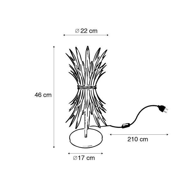 Skizze einer 46 cm hohen Tischleuchte mit 22 cm Durchmesser, 210 cm Kabel und 17 cm Lampenfuß