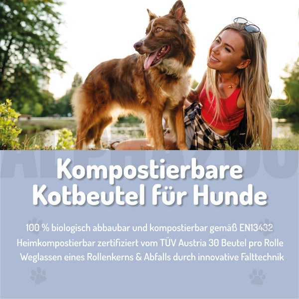 Kompostierbare Hundekotbeutel mit Frau und Hund im Park