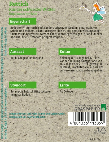 Rückseite der Saatgutpackung für Rettich Runder schwarzer Winter mit Informationen zu Aussaat, Standort und Ernte auf Graspapier.