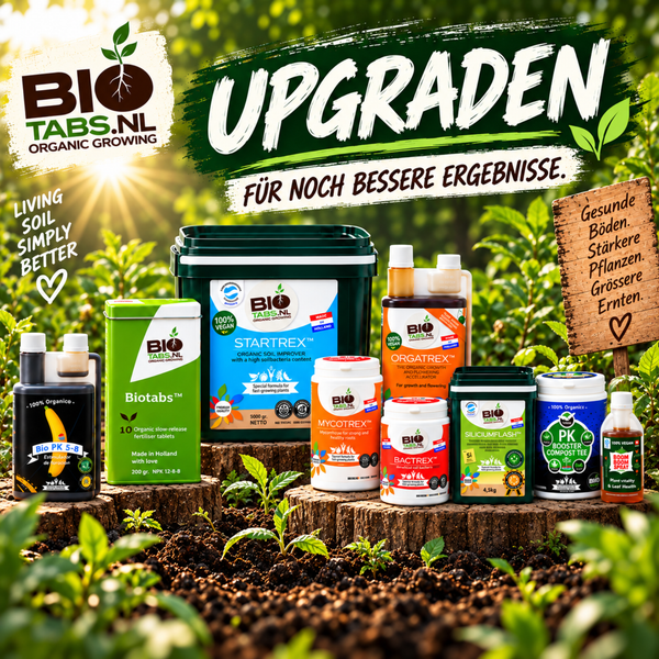 BioTabs Pflanzendünger Set für organisches Gärtnern mit verschiedenen Dünger- und Bodenverbesserungsprodukten vor einer sonnigen Gartenkulisse.