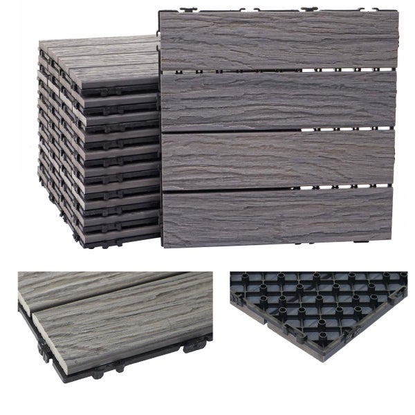 Graue Terrassenfliese aus Holz-Kunststoff mit Holzstruktur in der Draufsicht sowie Detailansichten der Oberseite und des Kunststoff-Klicksystems.