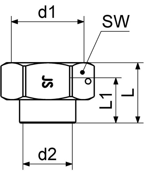 Technische Zeichnung eines Sechskant-Fittings mit Maßangaben für die Durchmesser d1 und d2, die Längen L und L1 sowie die Schlüsselweite SW.