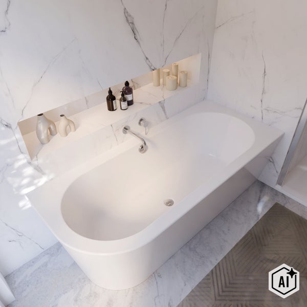 Moderne Badezimmergestaltung mit ovaler Einbaubadewanne, Wandnische und edlen Marmorfliesen in einem hellen und stilvollen Ambiente.