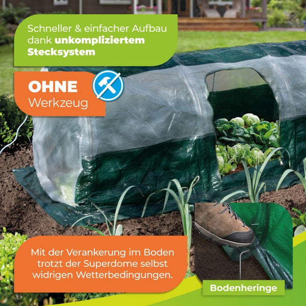 Folientunnel Superdome für den Garten mit werkzeuglosem Stecksystem und Bodenheringen zur Verankerung zum Schutz von Pflanzen.