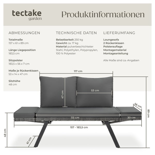 Rattan-Loungesofa tectake Sintra 157 x 61 x 89 cm 2in1 Funktion grau