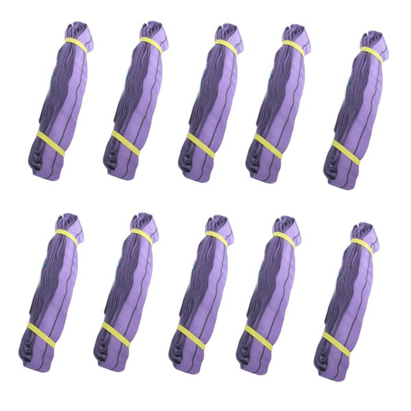 Zehn lila Rundschlingen im Set zum Heben von schweren Lasten.