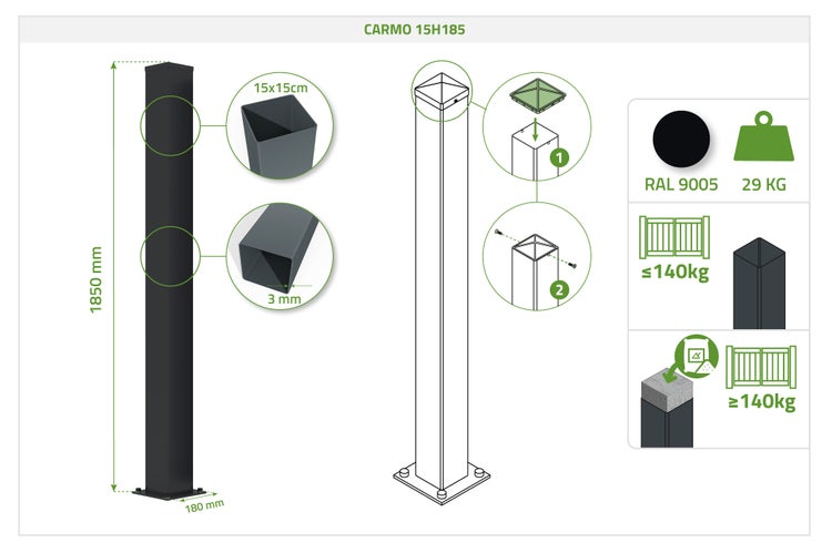 Zaunpfosten CARMO 15H185. Höhe 1850 Millimeter, Profil 15 mal 15 Zentimeter, RAL 9005, Gewicht 29 Kilogramm, Traglast bis 140 Kilogramm.