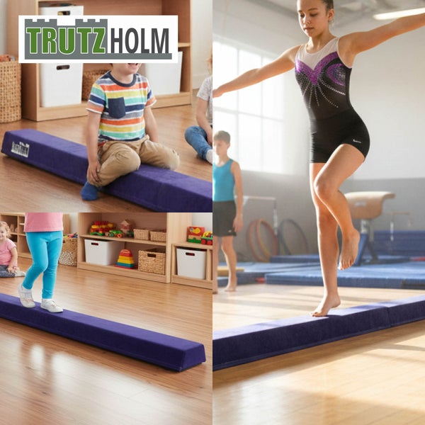 Lila Trutzholm Schwebebalken für Kinder, klappbar, Anwendung im Kinderzimmer und in der Turnhalle beim Balancieren und Turnen. Trutzholm Logo.