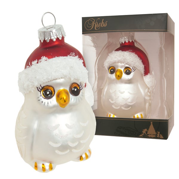 Weihnachtsbaumschmuck Eule mit Nikolausmütze und Verpackung