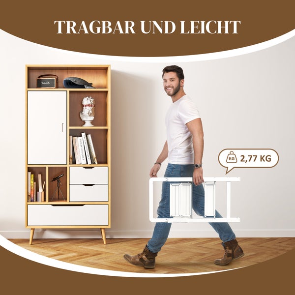 Modernes Regal mit Schubladen und ein Mann, der eine leichte Leiter trägt