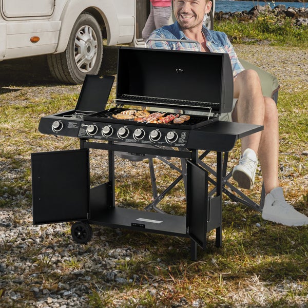 Outsunny Gasgrill, BBQ Grillwagen, mit 6 Brennern, 1 Seitenbrenner, 135 x 50 x 100 cm, Metall, Schwarz