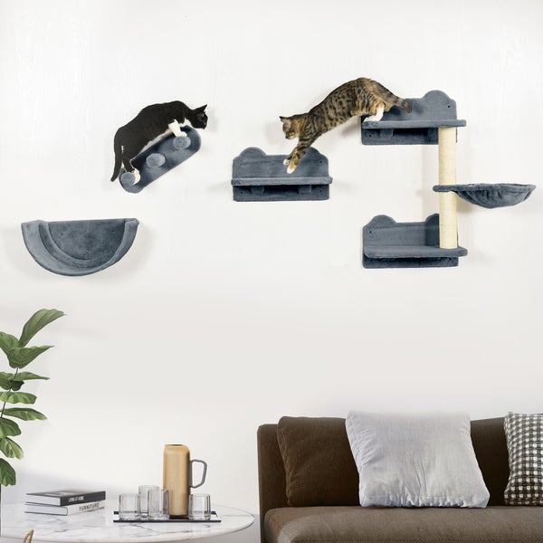 PawHut Katzen Kletterwand 4 tlg. Klettern Katzenkratzbaum mit Kaztentreppe, Hängematte, Sprungplatt, Wandkratzbaum, Wand Katzenmöbel für Katzen bis 5 kg, Polyester, Grau