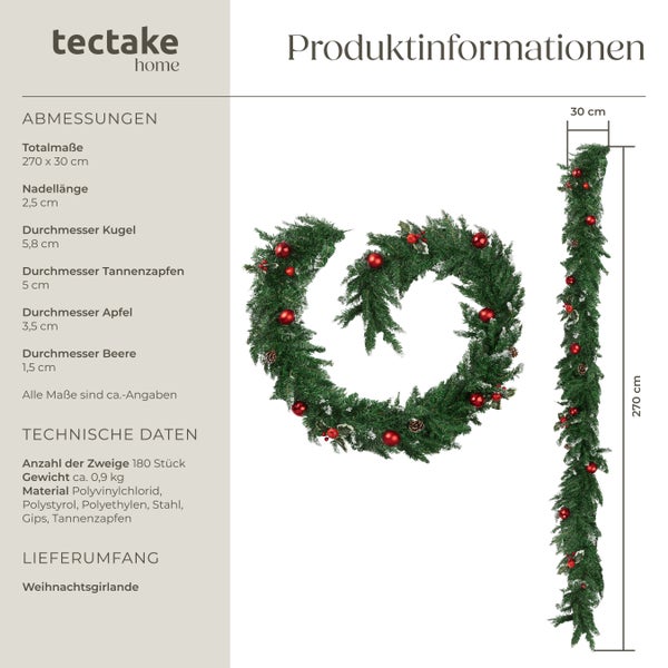 Produktinformationen zu einer Weihnachtsgirlande mit Maßen und Materialangaben
