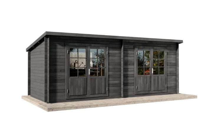 Holzgartenhaus mit Doppeltür und Fenstern auf Betonfundament