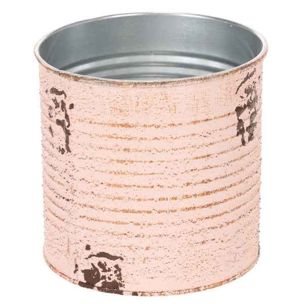 Zylindrischer Übertopf aus Metall in Rosa mit rustikaler Oberfläche im Vintage-Stil.