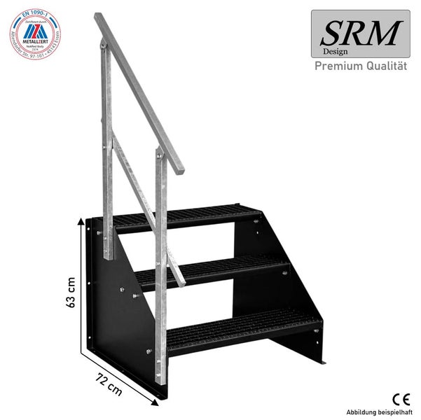 Schwarze Metalltreppe mit 3 Gitterroststufen, silbernes Geländer, Höhe 63 Zentimeter, Tiefe 72 Zentimeter, SRM Design Logo, CE Kennzeichnung.