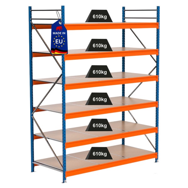 Lagerregal mit sechs Regalböden und einer Traglast von 610 Kilogramm je Regalboden. Mit Made in EU Kennzeichnung.