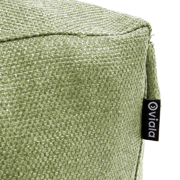 Nahaufnahme eines grünen strukturierten Stoffes mit Oviala Logo