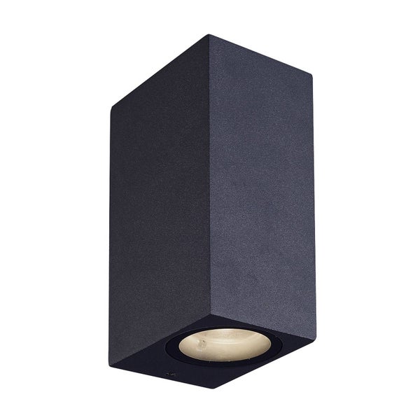Rechteckige Außenwandleuchte in Anthrazit mit Lichtaustritt nach oben und unten.