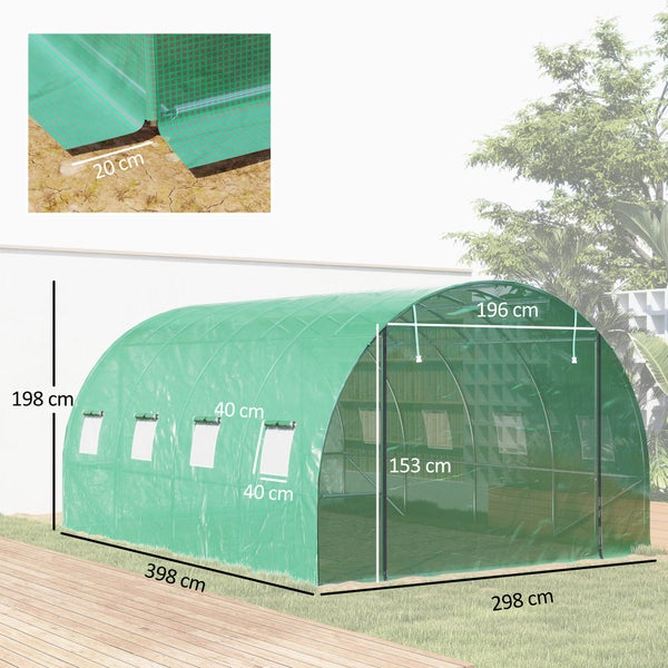 Outsunny Gewächshaus Foliengewächshaus mit 8 Fenster, Rolltür, Aufrollbar Seitenwänden, UV-beständiger Folientunnel, Winterfest Tomatenhaus mit Erdanker, Grün