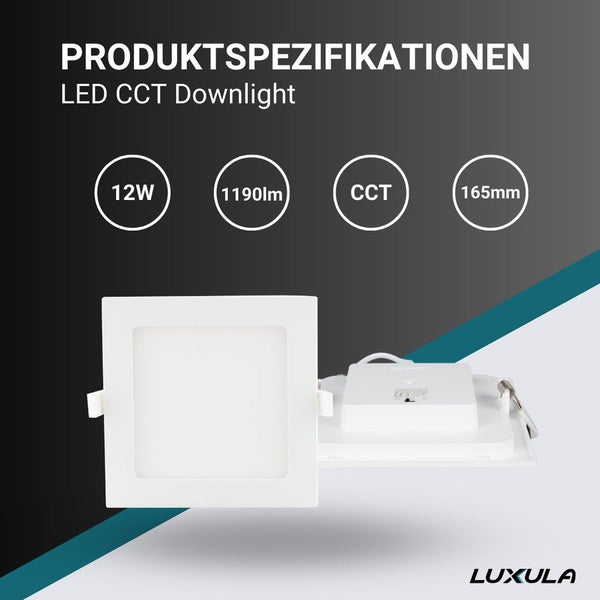 LED CCT Downlight Produktspezifikationen mit 12 Watt, 1190 Lumen und 165 Millimeter Größe