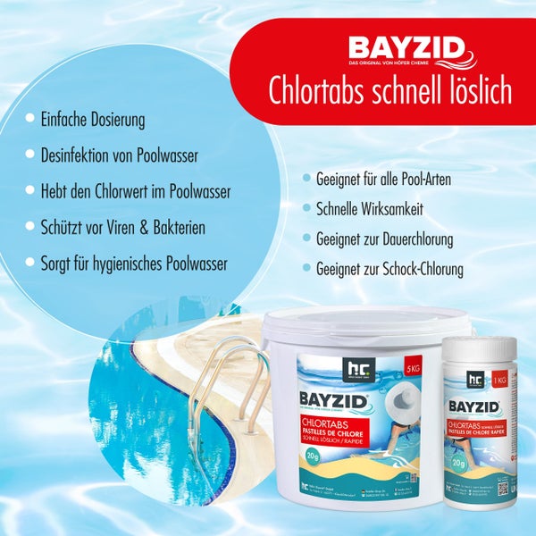 Bayzid Chlortabletten zur Poolreinigung im 5 kg und 1 kg Behälter