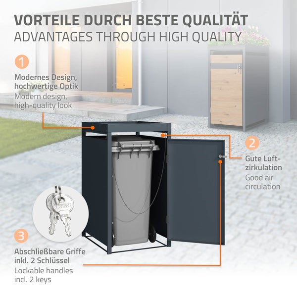 ML-Design Mülltonnenbox 1er mit Pflanzdach für 1 Tonne, 240L, 68x80x124 cm, Eiche-Optik, Stahl, wetterfest, Abschließbare Mülltonnenverkleidung mit Tür, Müllbox Mülltonnecontainer Mülltonnenabdeckung