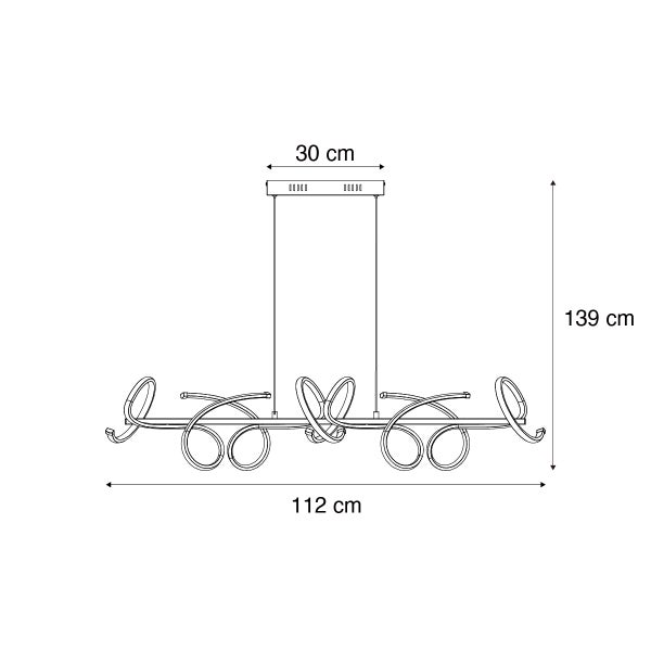 Technische Zeichnung einer Pendelleuchte mit den Maßen 112 cm Breite, 139 cm Höhe und 30 cm Tiefe