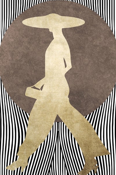 Grafik einer Frau mit Hut auf einem Hintergrund mit Streifenmuster