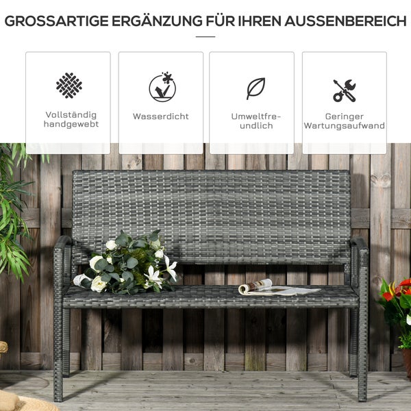 Outsunny Gartenbank, Sitzbank in Rattanoptik, für 2 Personen, bis 320 kg Belastbar, 122 x 60 x 85cm, PE Polyrattan, Stahl, Grau