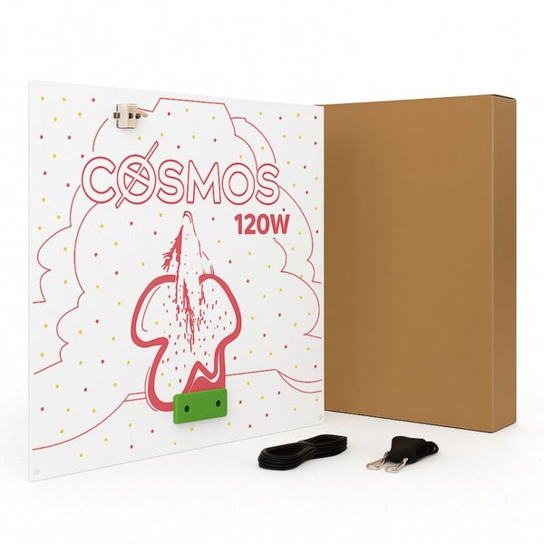 COSMOS 120 Watt LED-Pflanzenlampe mit Kartonverpackung, Netzkabel und Aufhängeset.