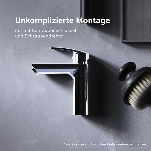 Waschtischarmatur zur einfachen Montage mit Schraubenschlüssel und Schraubendreher.