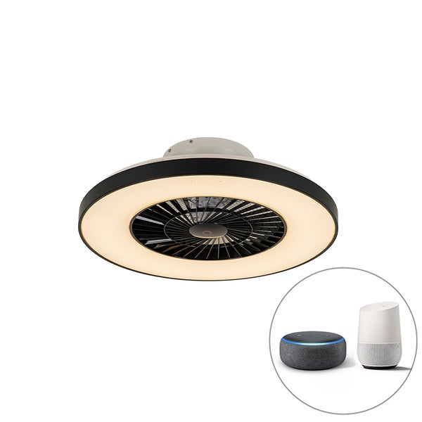Runder Deckenventilator mit integriertem LED-Lichtring, kompatibel mit Sprachsteuerung über Amazon Alexa und Google Assistant.