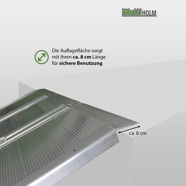Detailansicht einer Aluminiumrampe mit einer Auflagefläche von circa 8 cm Länge für sichere Nutzung.