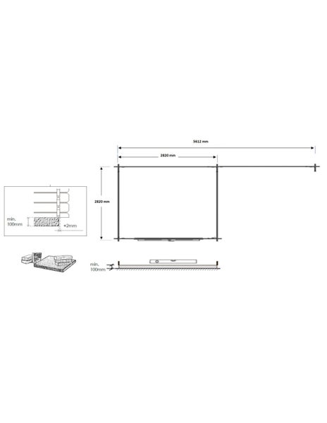 Technische Zeichnung für ein Fundament mit Maßen von 5612 mal 2820 Millimeter und einer Mindesttiefe von 100 Millimeter.