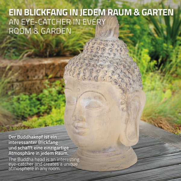 ECD Germany Buddha Figur 78 cm Beige/Grau, Kunststein Polyresin, Kopf Statue Skulptur Dekofigur Feng Shui Kunststeinfigur Dekoration Gartenfigur Asien Dekorationsobjekt Steinfigur, für Haus und Garten