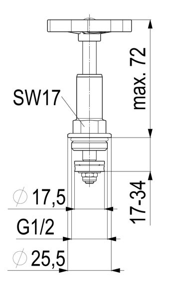 Maßzeichnung eines Ventiloberteils mit Angaben: Maximalhöhe 72 Millimeter, Gewinde G 1/2, Durchmesser 17,5 Millimeter und 25,5 Millimeter.