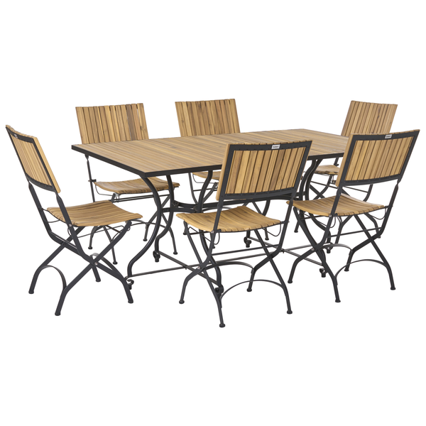 Gartenmöbel-Set bestehend aus einem rechteckigen Tisch und sechs Stühlen mit Holzlatten und schwarzem Metallgestell.