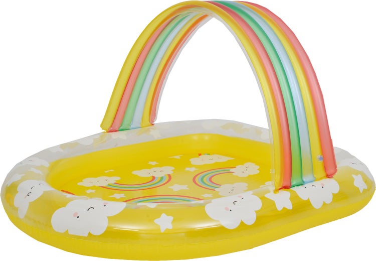 Aufblasbares Planschbecken für Kinder mit integriertem Regenbogen Sonnenschutz und Wolkenmotiv.