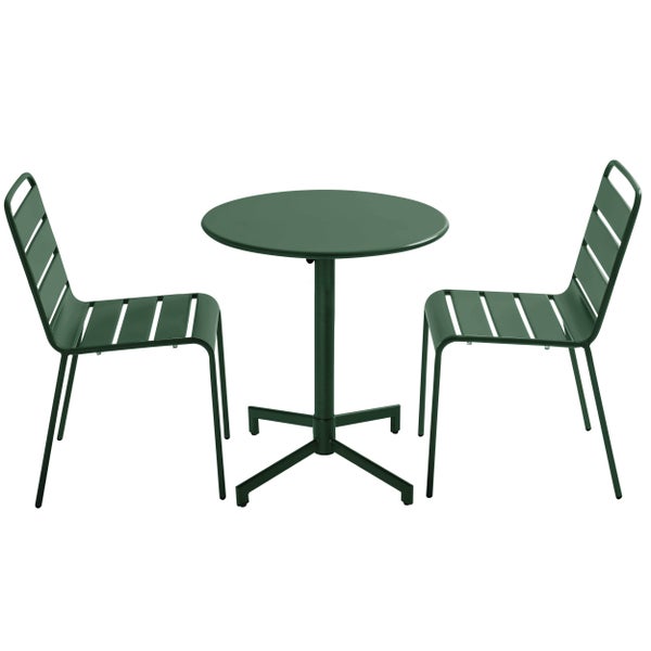 Balkonset aus Metall bestehend aus einem runden Tisch und zwei Stühlen mit Sitz- und Rückenflächen aus Querstreben.