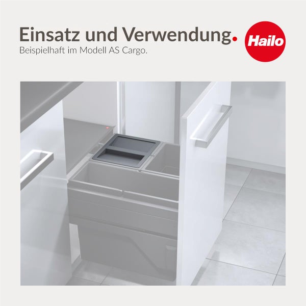 Hailo Logo. Eingebautes Abfalltrennsystem für Küchenschränke, dargestellt am Beispiel des Modells AS Cargo.