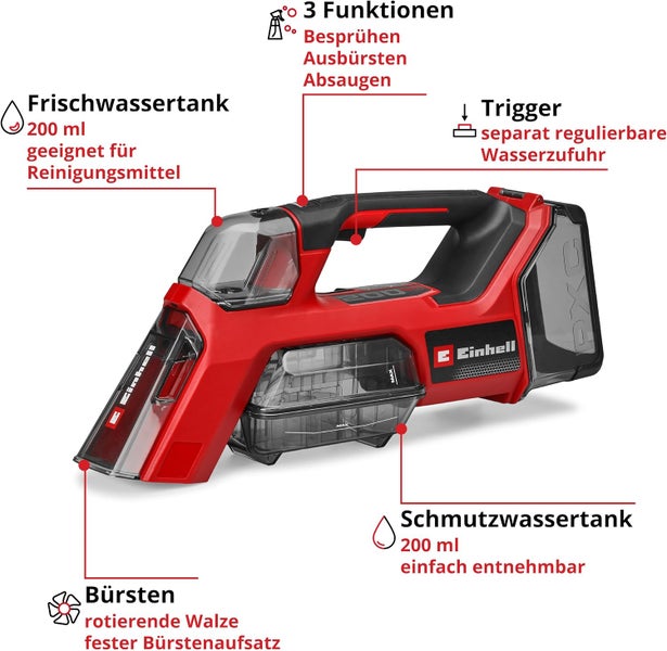 Einhell Akku Textilreiniger mit drei Funktionen zum Besprühen, Ausbürsten und Absaugen, inklusive Frisch- und Schmutzwassertank mit je 200 Milliliter.