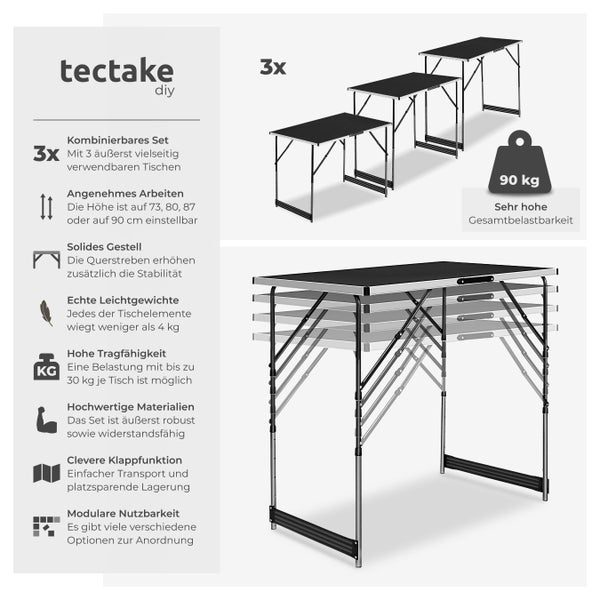 tectake Set aus drei höhenverstellbaren Klapptischen