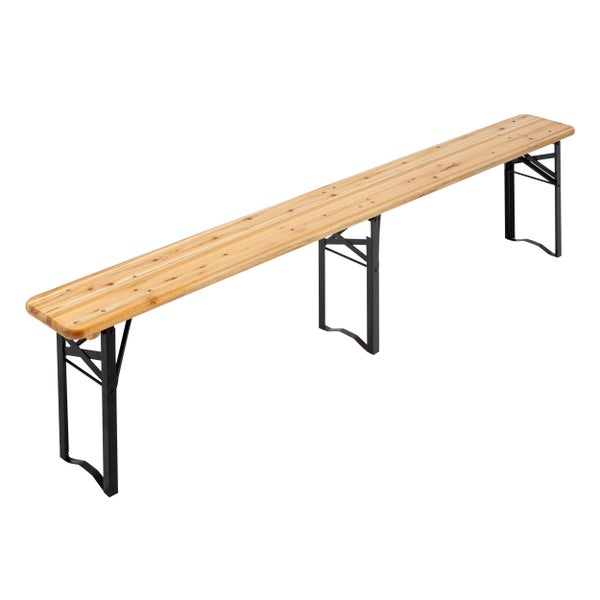 Lange klappbare Bierbank aus Holz mit schwarzem Metallgestell.
