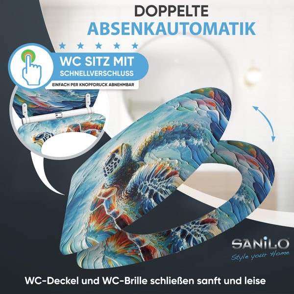WC Sitz mit Schildkröten Motiv, Absenkautomatik und Schnellverschluss zum leichten Abnehmen, Sanilo Logo.