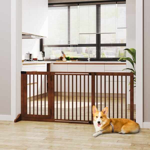 PawHut Absperrgitter Hunde Türschutzgitter Schutzgitter aus Holz Freistehendes Hundegitter mit Tür Hundeabsperrgitter Konfigurationsgitter für Kamin & Ofen Braun 113-166 x 36 x 71 cm