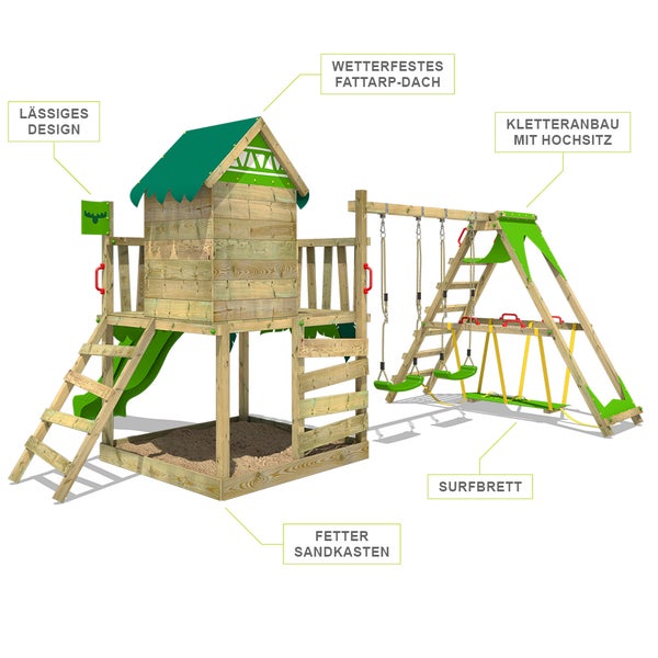 FATMOOSE Spielturm Klettergerüst JazzyJungle mit Schaukel SurfSwing und Rutsche, Spielhaus mit Sandkasten, Leiter und Spiel-Zubehör - apfelgrün