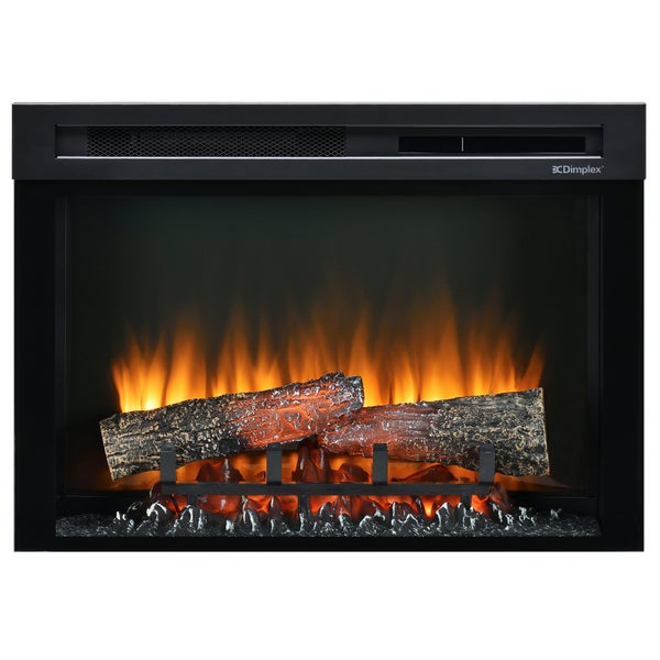 Elektrischer Kamineinsatz von Dimplex mit schwarzem Rahmen, künstlichen Holzscheiten und realistischem Flammenbild.