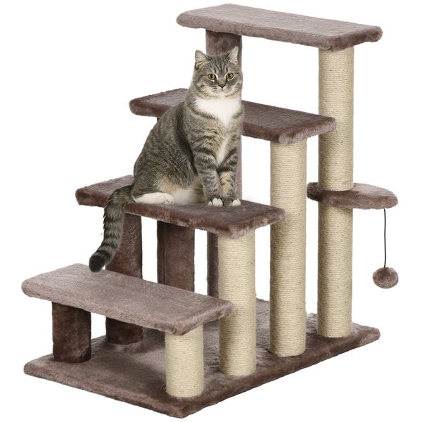 PawHut Katzentreppe 4-stufige Haustiertreppe mit Kratzsäulen Ball Hundetreppe Tiertreppe für Katzen bis 5 kg Plüsch Jute Braun 60 x 40 x 64 cm